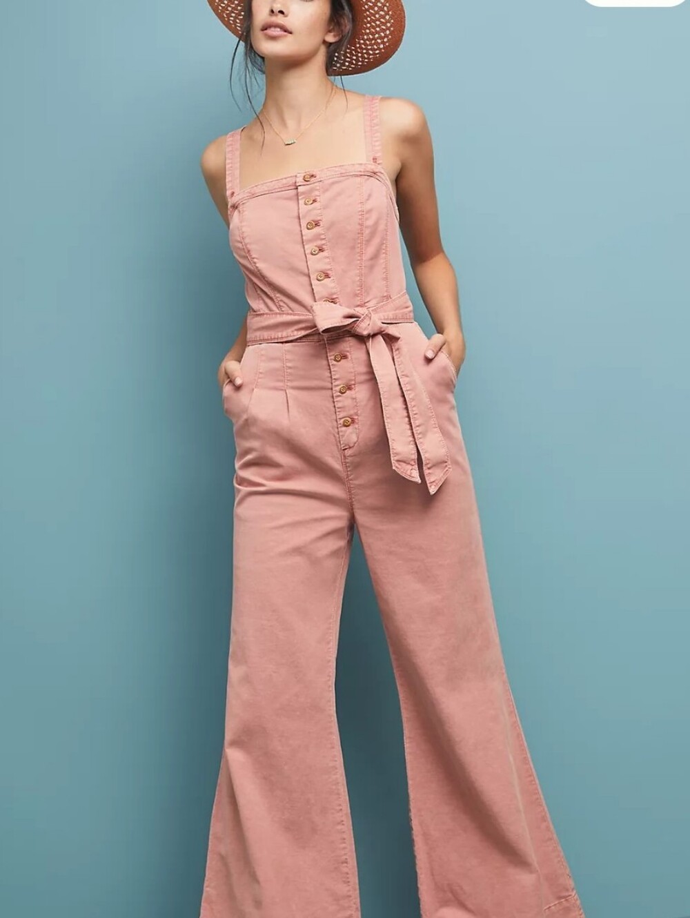 Pilcro Desmond Jumpsuit Womens 2 Pink Linen Cotton Blend Wide Leg Anthropologie